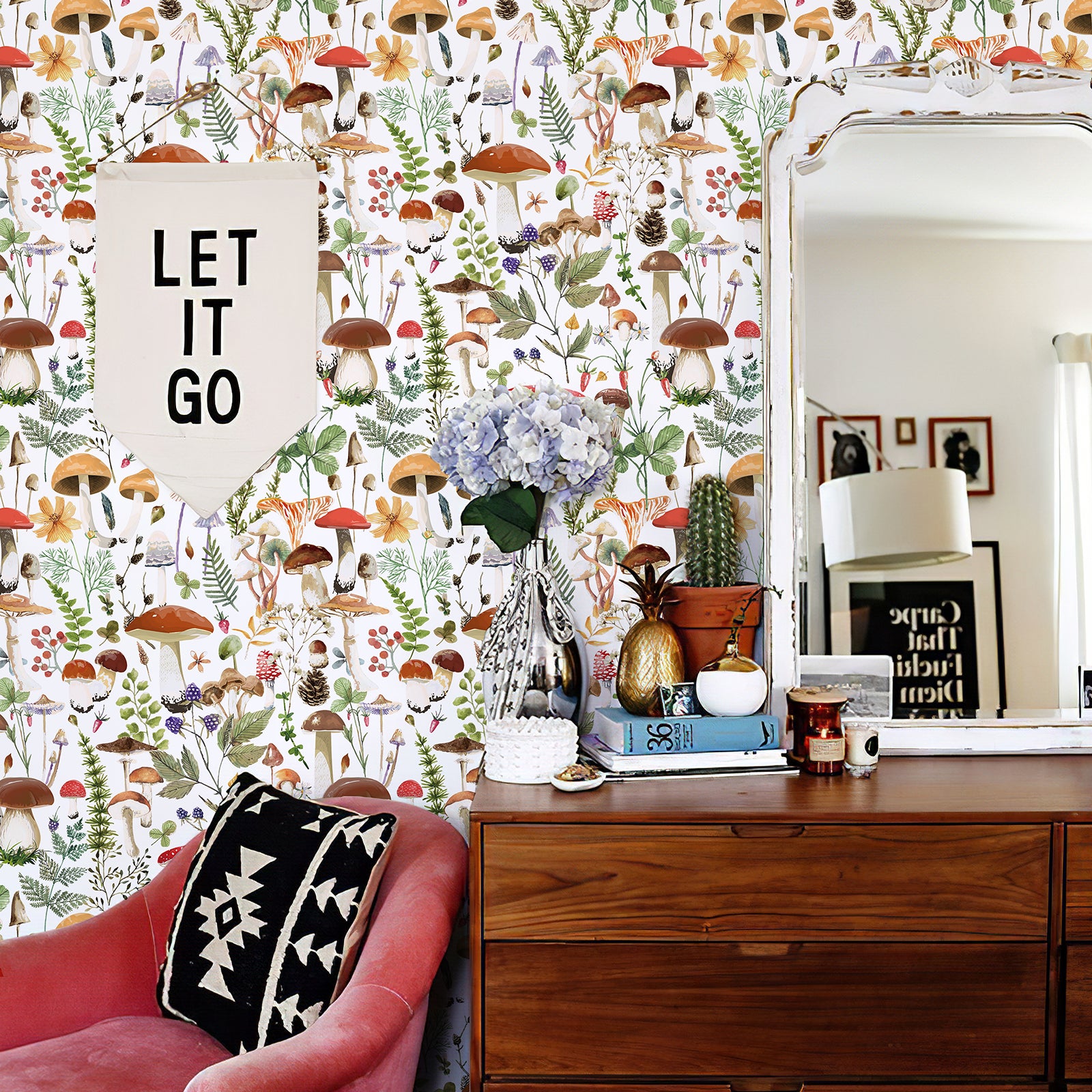 Boho Leaf Forest Mushroom Wallpaper