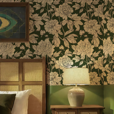 Green Floral Line Botanical Peel and Stick Wallpaper