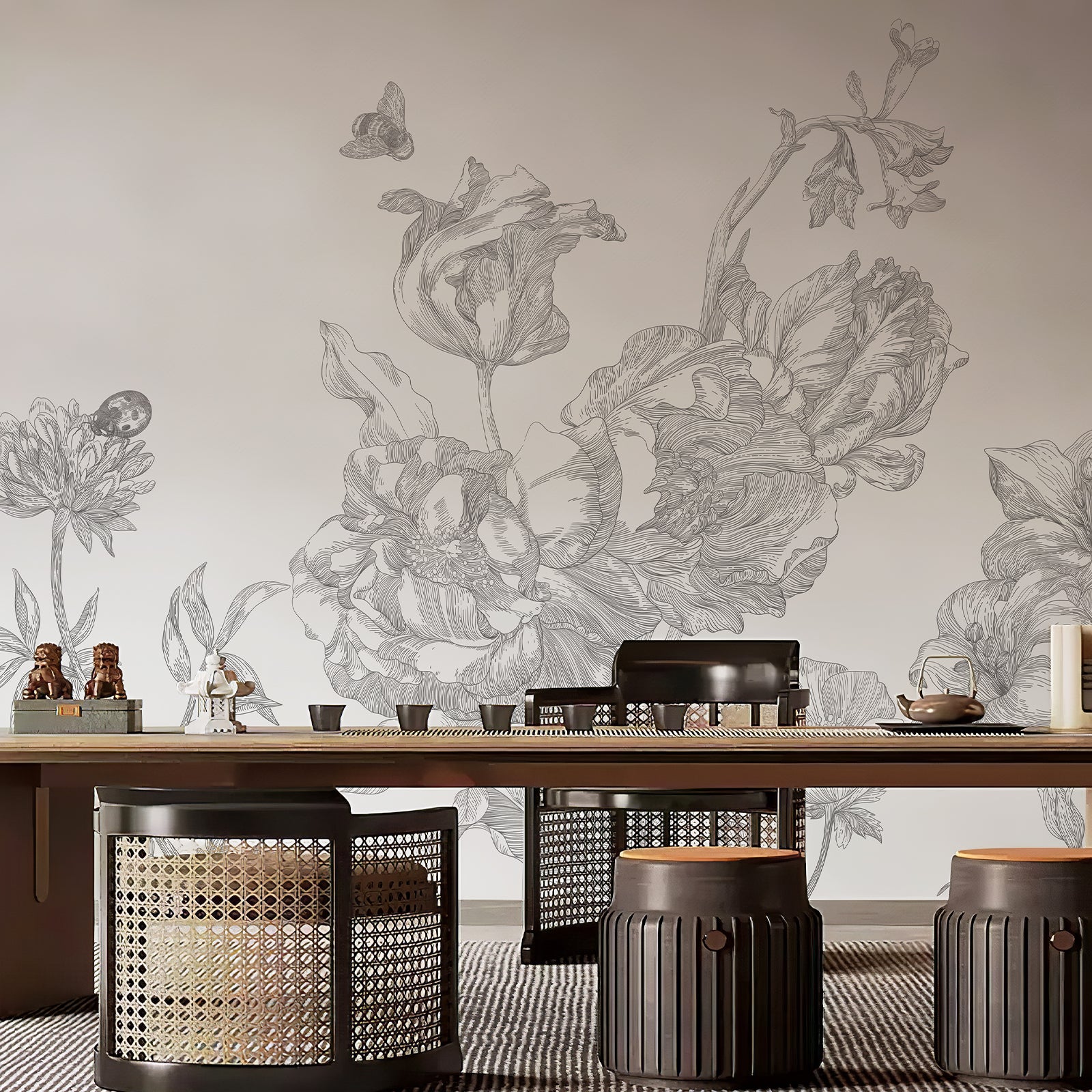 Black & White Line Floral Peel and Stick Wall Mural