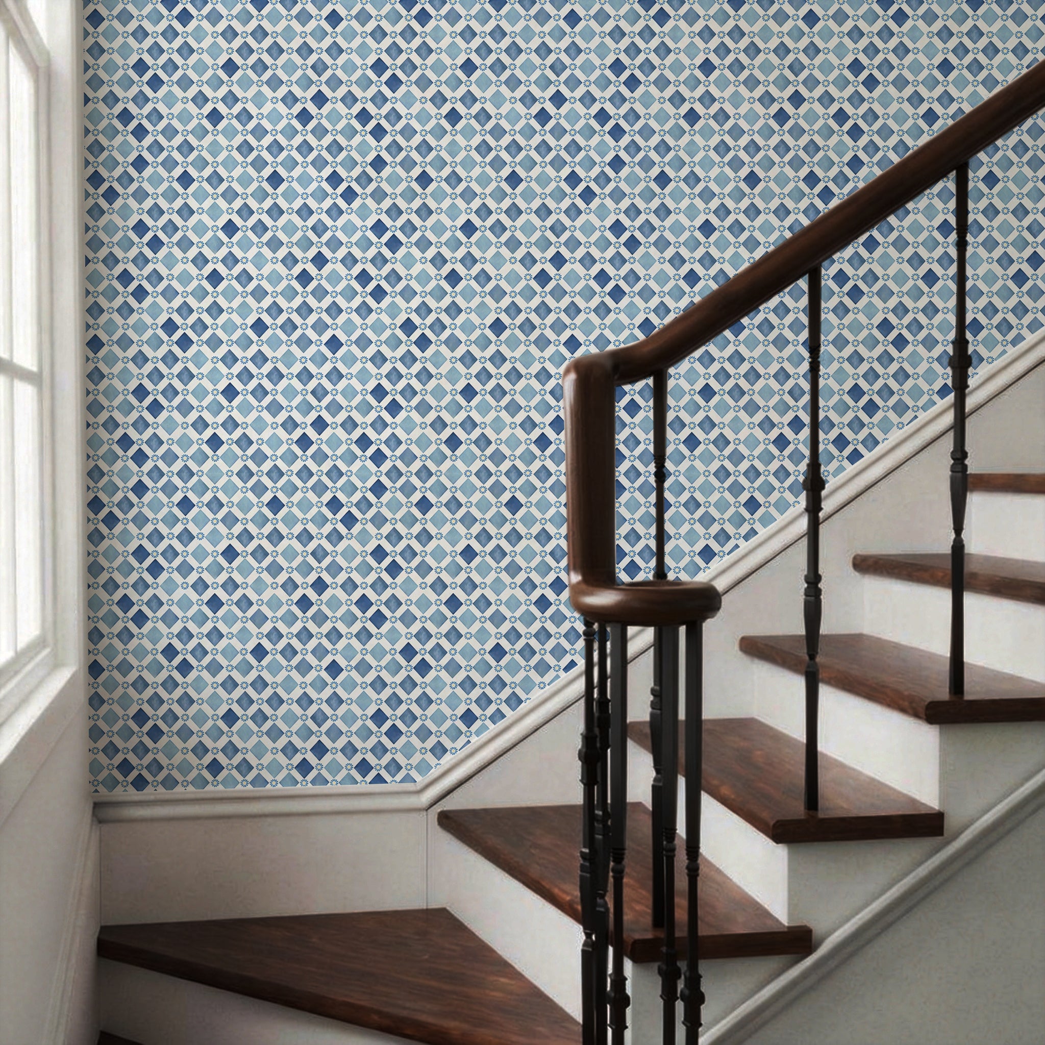 Retro blue-and-white diamond pattern Peel and Stick Wallpaper