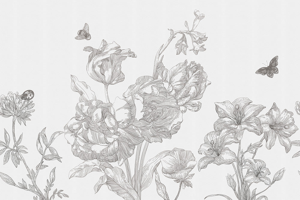 Black & White Line Floral Peel and Stick Wall Mural