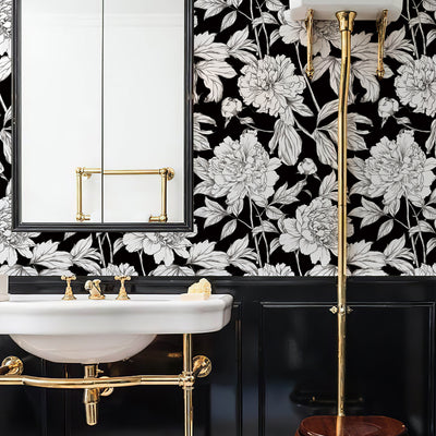 Green Floral Line Botanical Peel and Stick Wallpaper