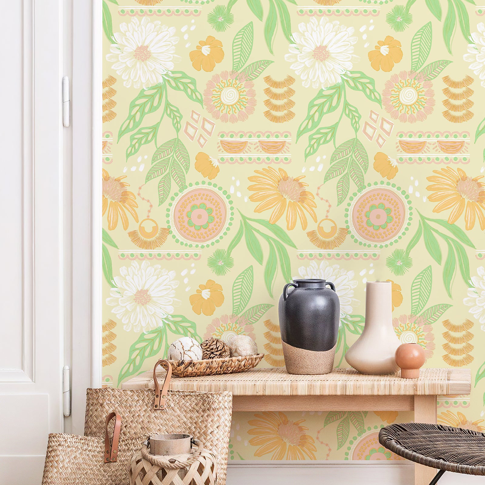 Bohemian-Style Sunflower and Floral Pattern Wallpaper