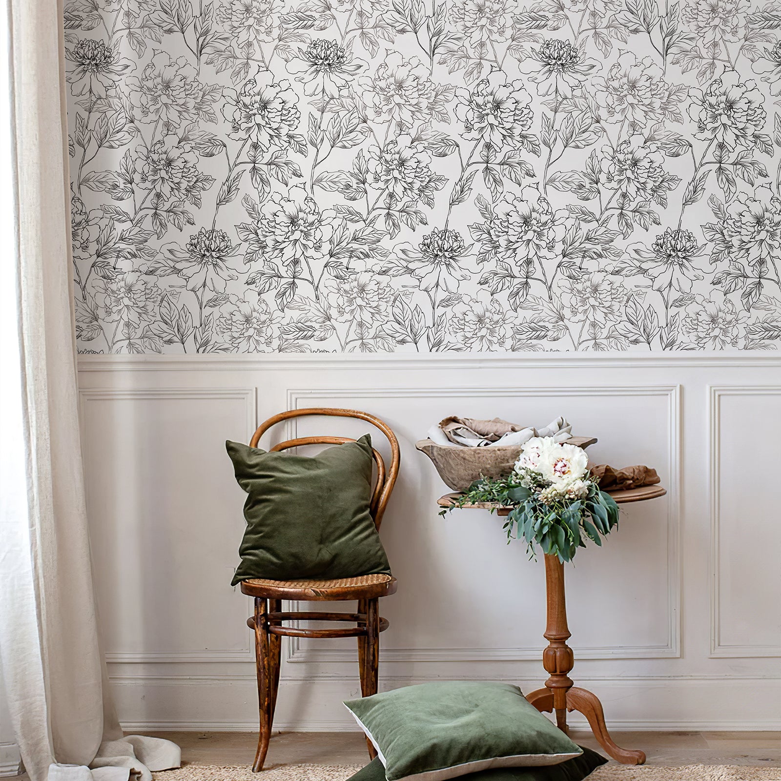Flow of Years Sketch Peony Peel and Stick Wallpaper