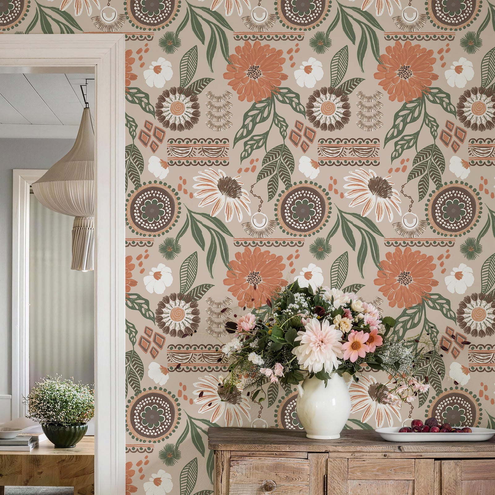 Bohemian-Style Sunflower and Floral Pattern Wallpaper