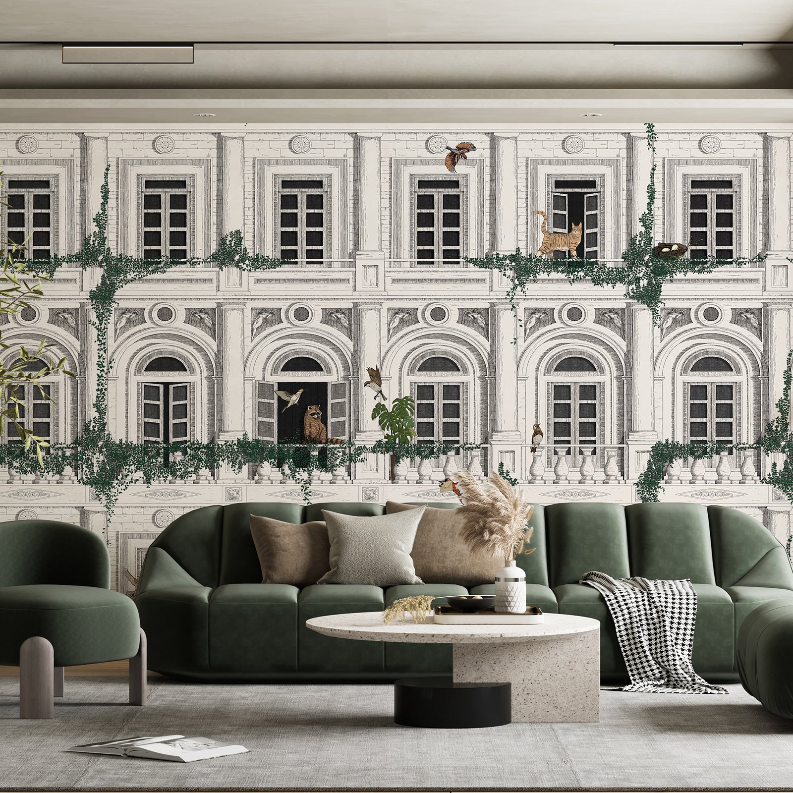 Classical Building with Plants and Animals Peel and Stick Wall Mural