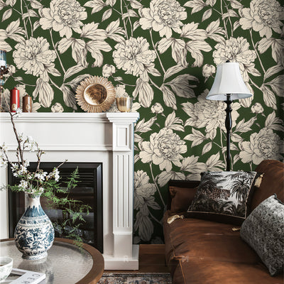 Green Floral Line Botanical Peel and Stick Wallpaper