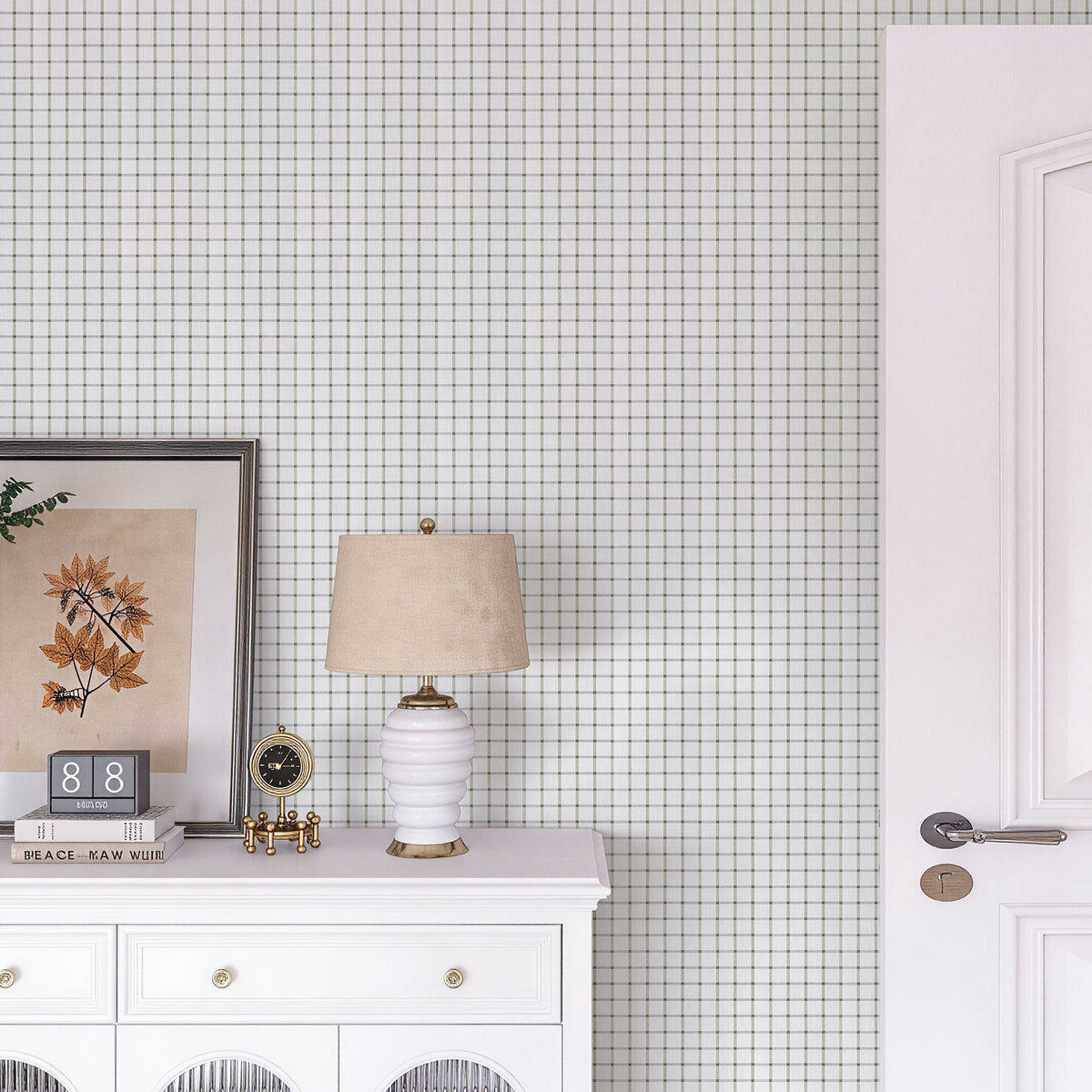 Green Grass Fine Grid Neutral Peel and Stick Wallpaper