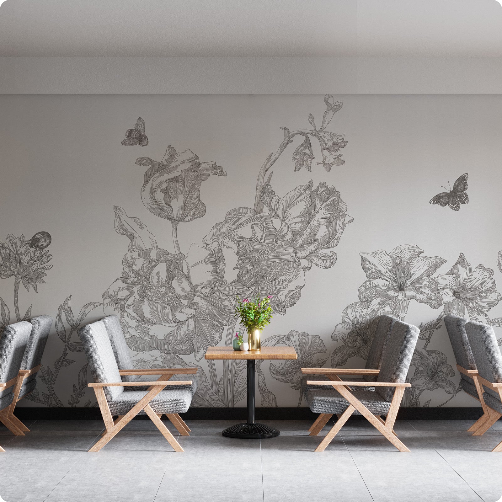 Black & White Line Floral Peel and Stick Wall Mural