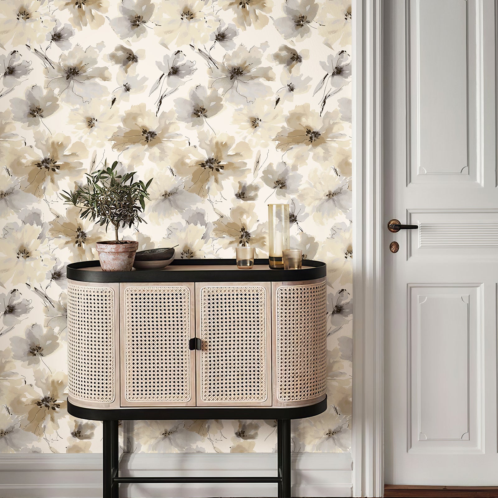 Biege Watercolor Flower Removable Peel and Stick Wallpaper