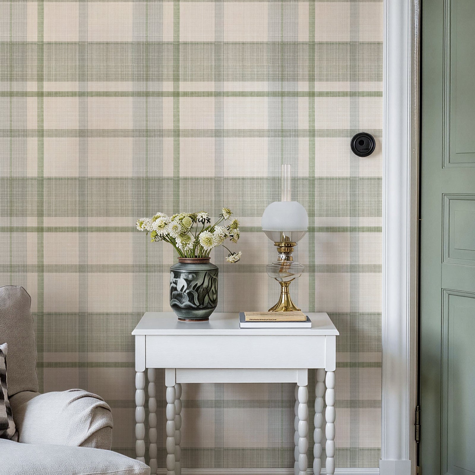 Sage Cream Woven Plaid Cottage Peel and Stick Wallpaper