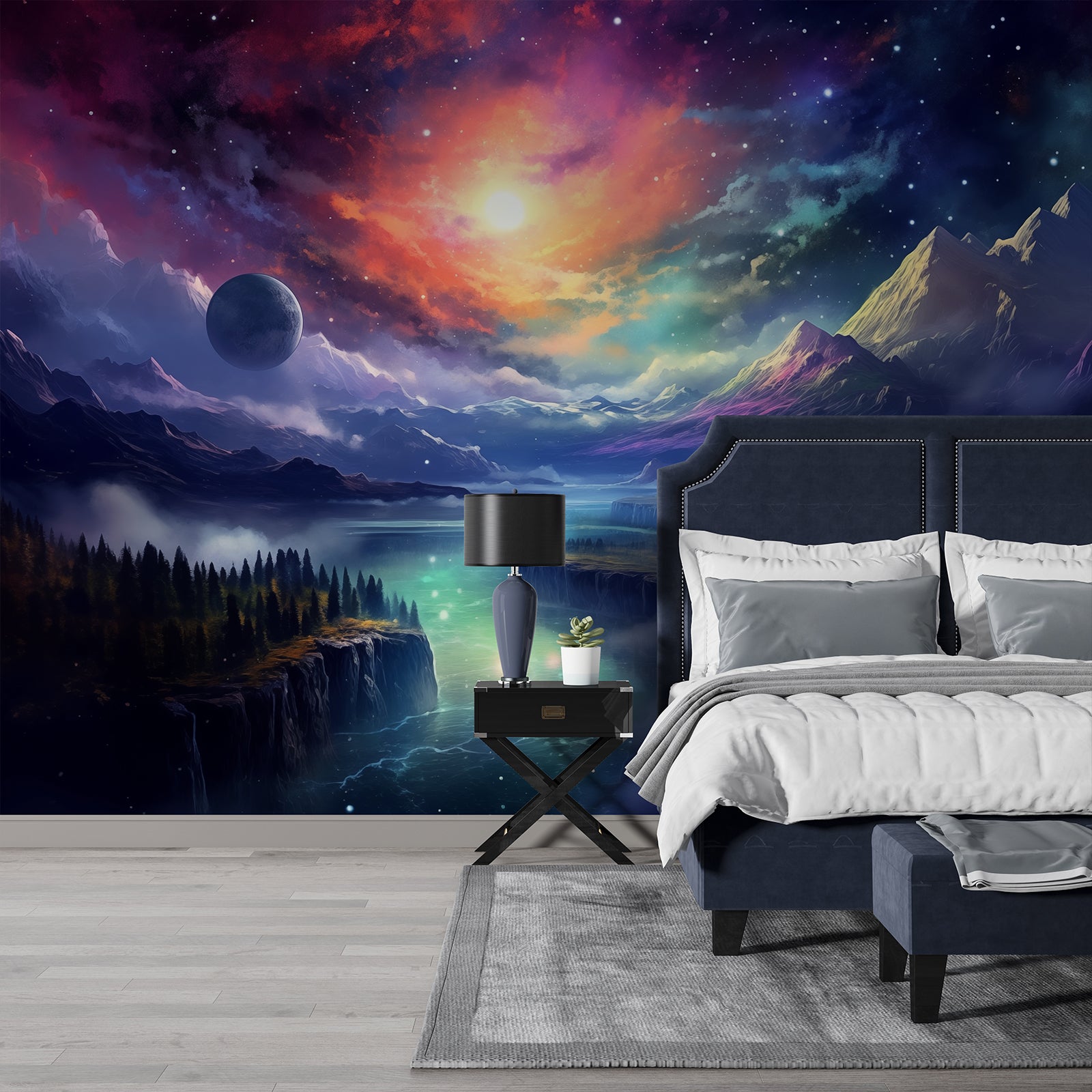 Galaxy alien‑planet landscape wall mural displayed in a cozy bedroom. The stunning cosmic mountain, river and starry sky scenery creates a dreamy, immersive sleeping‑space decor effect.