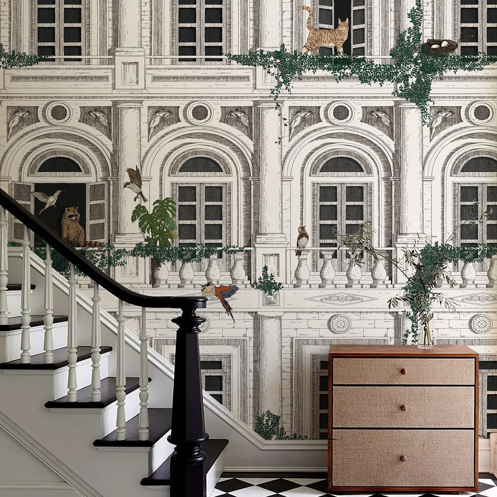 Classical Building with Plants and Animals Peel and Stick Wall Mural