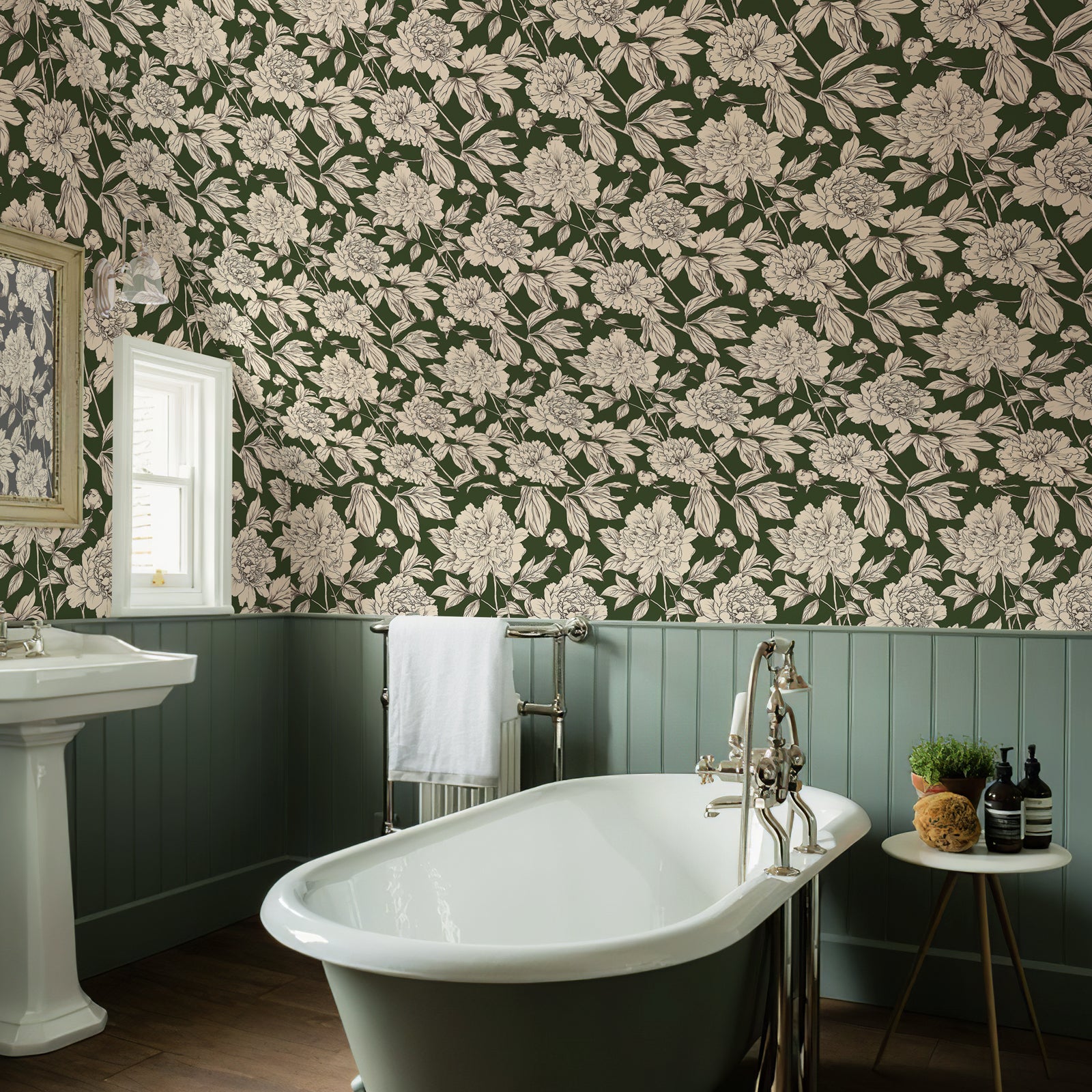A rendering of a bathroom featuring self-adhesive wallpaper with a linear peony floral pattern is displayed.