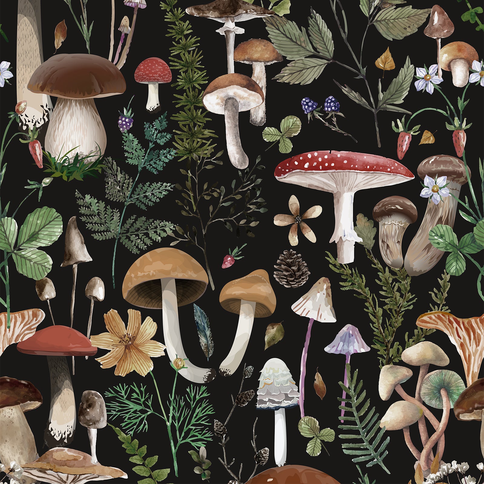 Boho Leaf Forest Mushroom Wallpaper