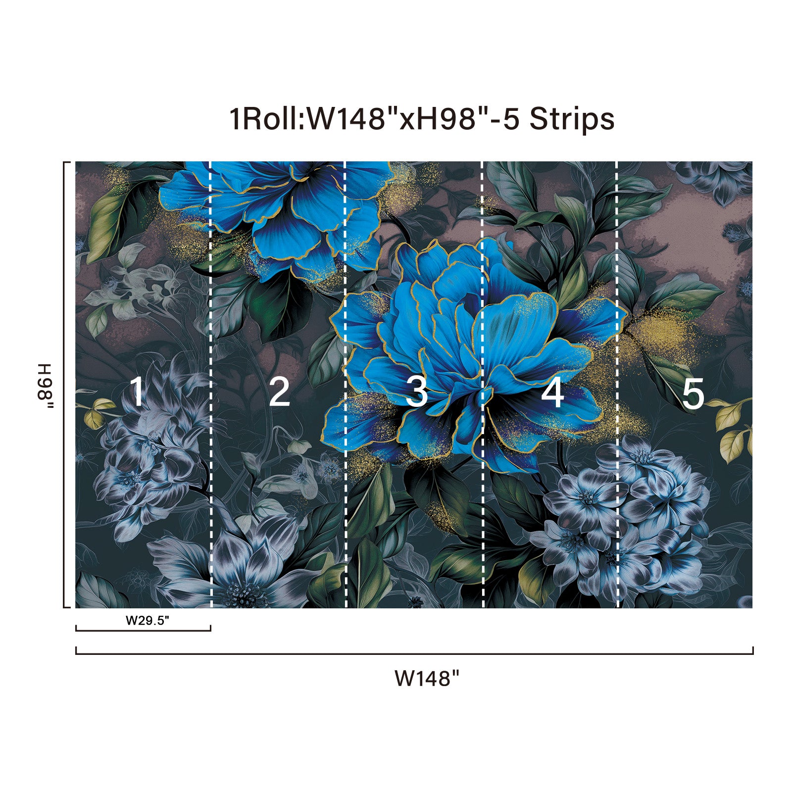 Blue Gold Floral Peel and Stick Wall Mural