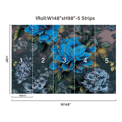 Blue Gold floral Peel and Stick Wall Mural