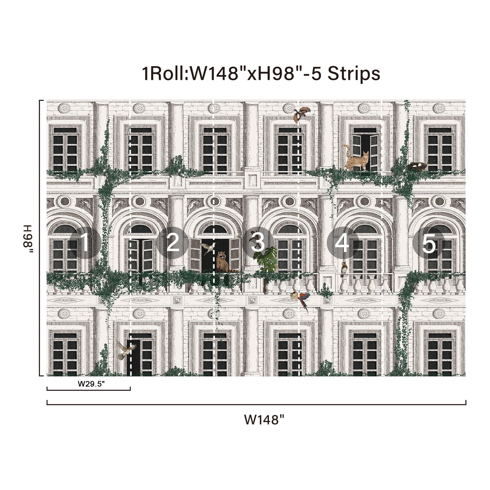 Classical Building with Plants and Animals Peel and Stick Wall Mural