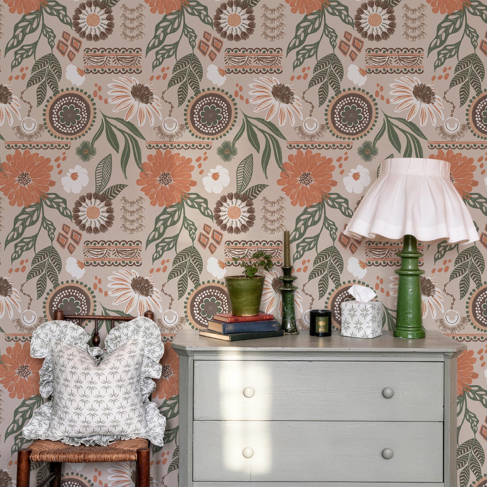 Bohemian-Style Sunflower and Floral Pattern Wallpaper