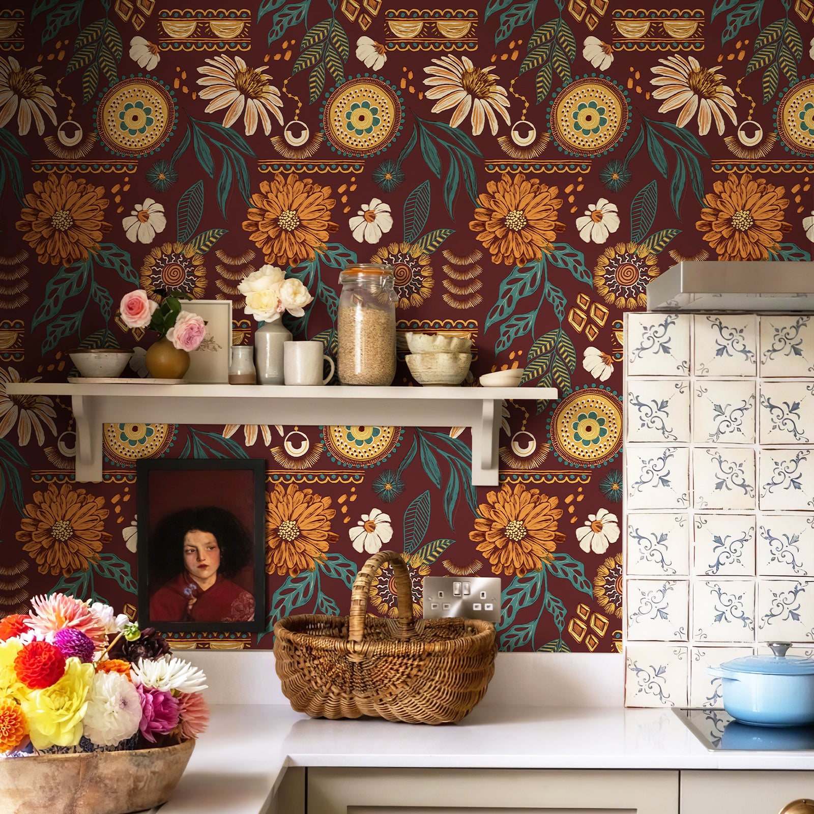 Bohemian-Style Sunflower and Floral Pattern Wallpaper