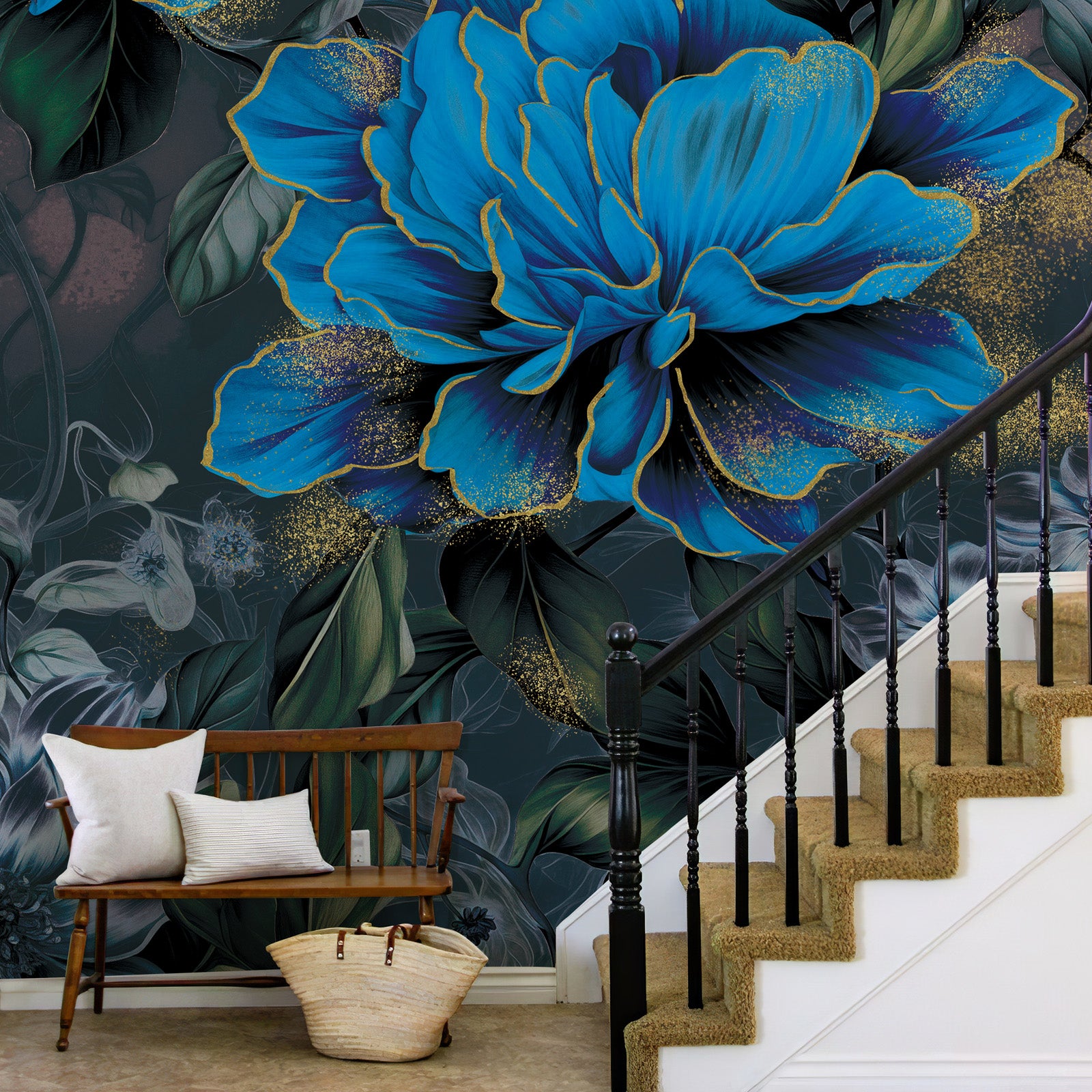 Blue Gold Floral Peel and Stick Wall Mural