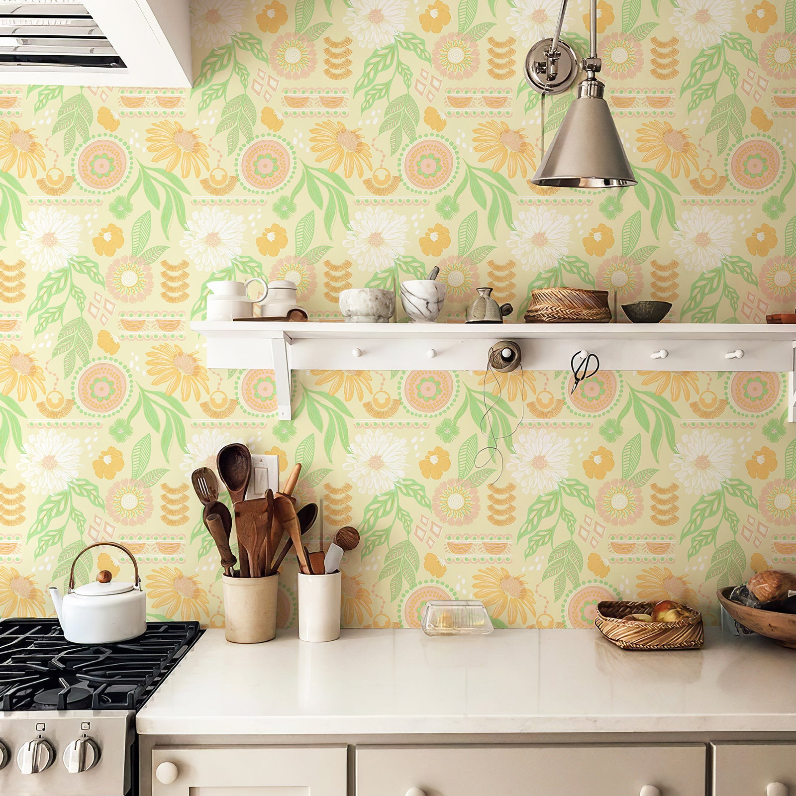 Bohemian-Style Sunflower and Floral Pattern Wallpaper