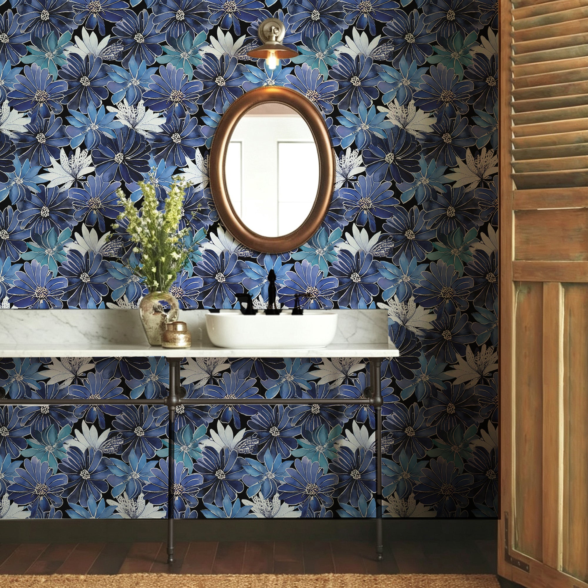 Blue enamel watercolor flowers Peel and Stick Wallpaper