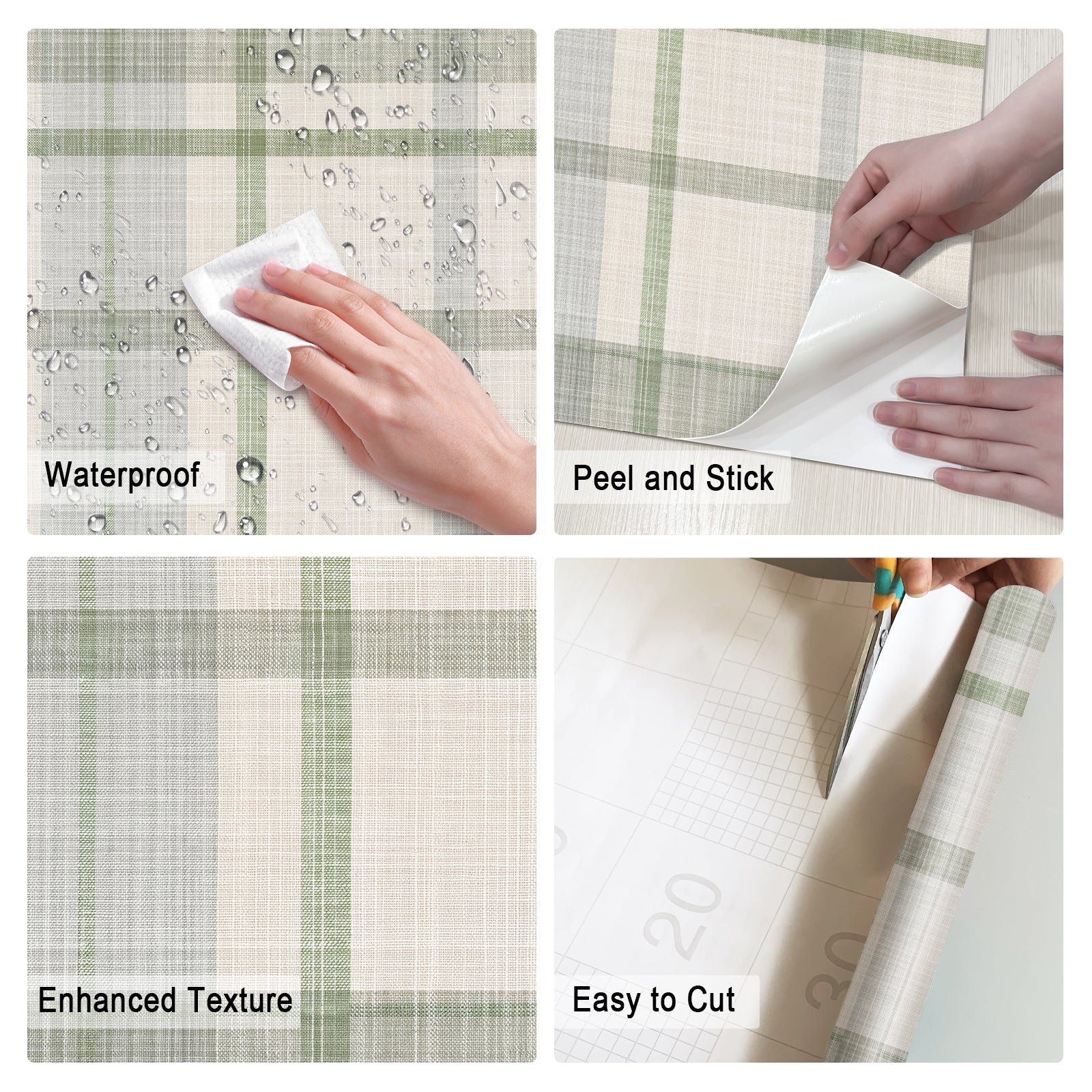 Sage Cream Woven Plaid Cottage Peel and Stick Wallpaper