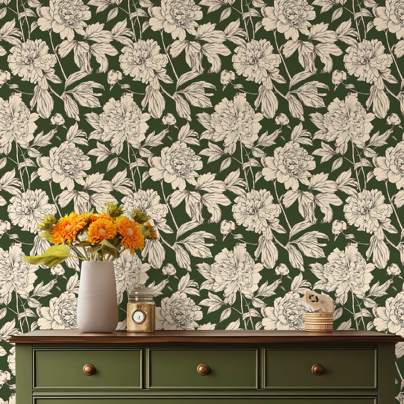 Self-adhesive wallpaper featuring a linear peony floral pattern, used for decorating living room walls.