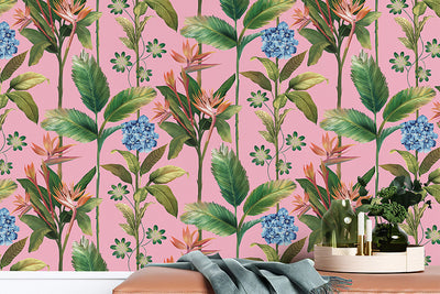 Pink Tropical Jungle Green Leaf Wallpaper