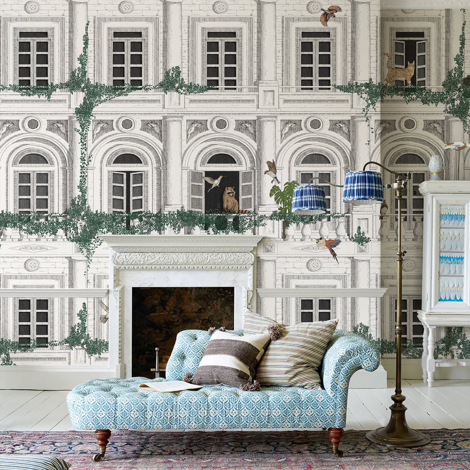 Classical Building with Plants and Animals Peel and Stick Wall Mural