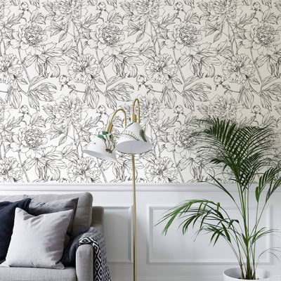 Green Floral Line Botanical Peel and Stick Wallpaper