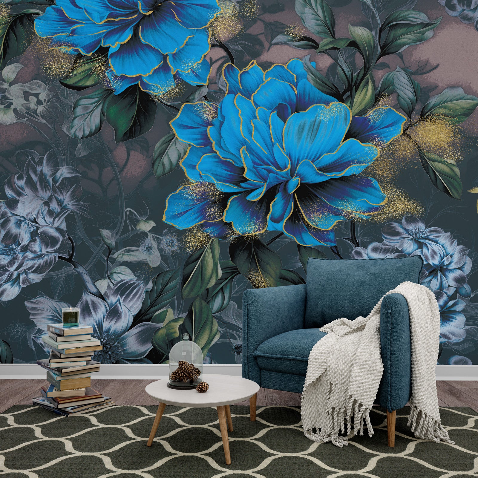 Blue Gold Floral Peel and Stick Wall Mural