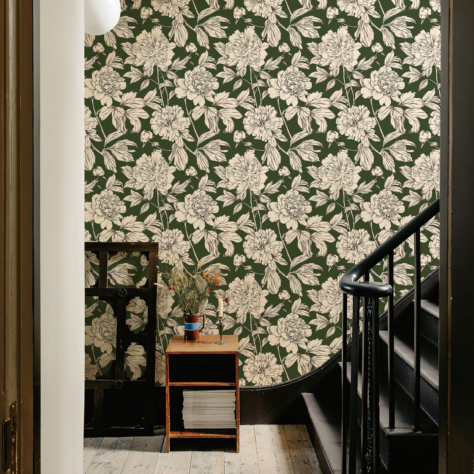 Green Floral Line Botanical Peel and Stick Wallpaper