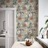 Vintage-Tapete im Landhausstil mit Blumenmuster in Grau