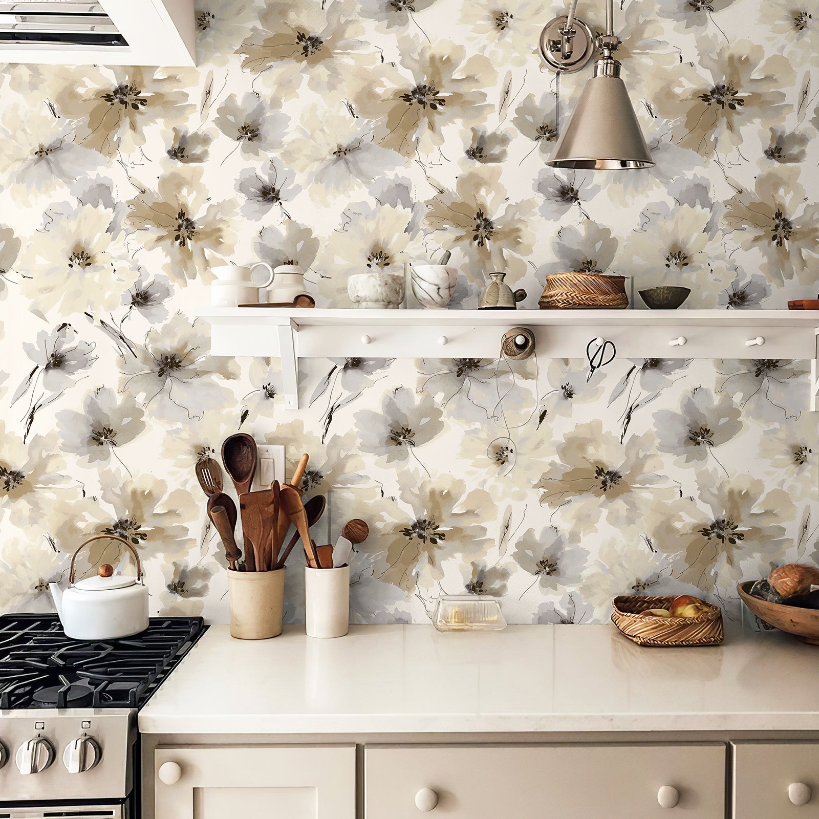 Biege Watercolor Flower Removable Peel and Stick Wallpaper