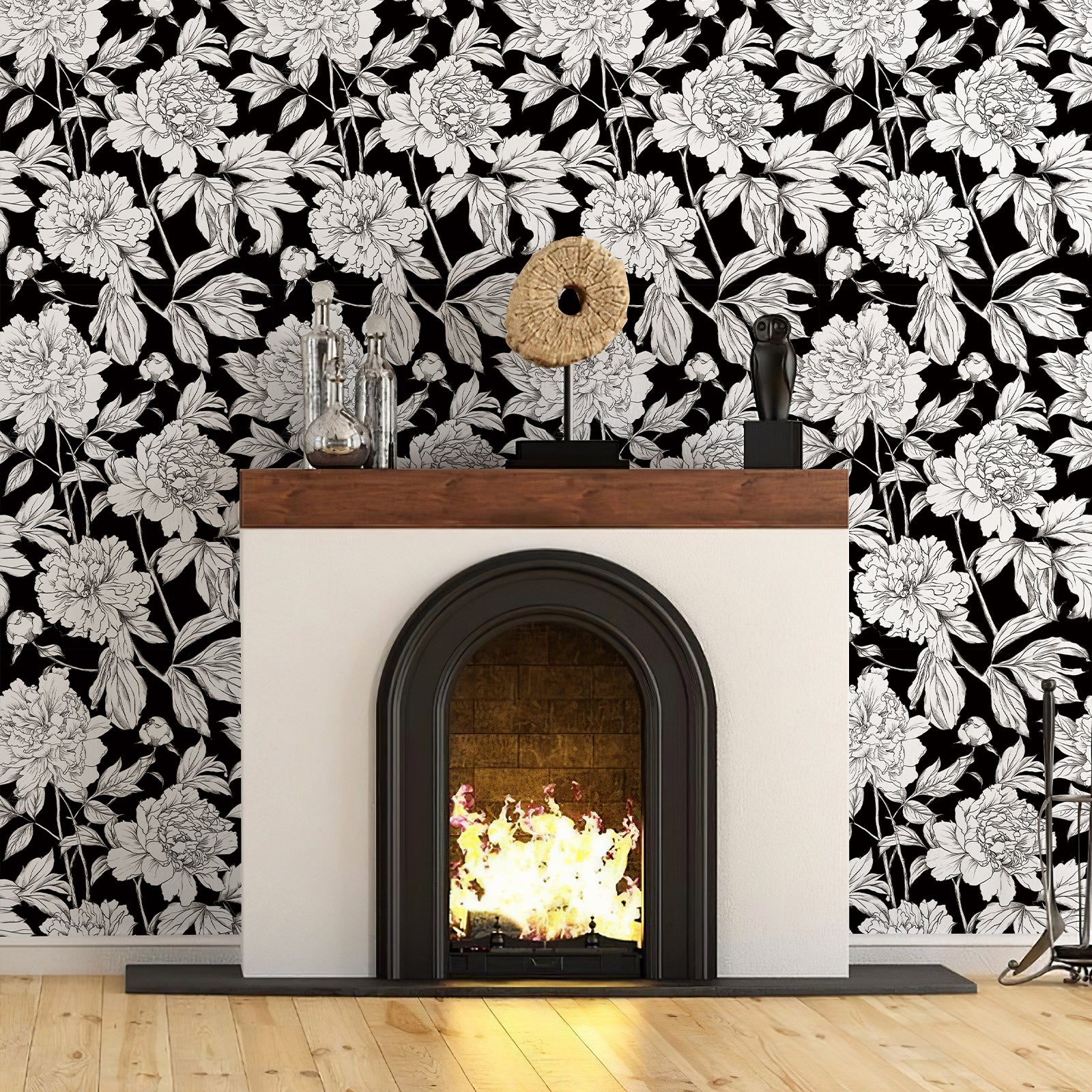 Green Floral Line Botanical Peel and Stick Wallpaper