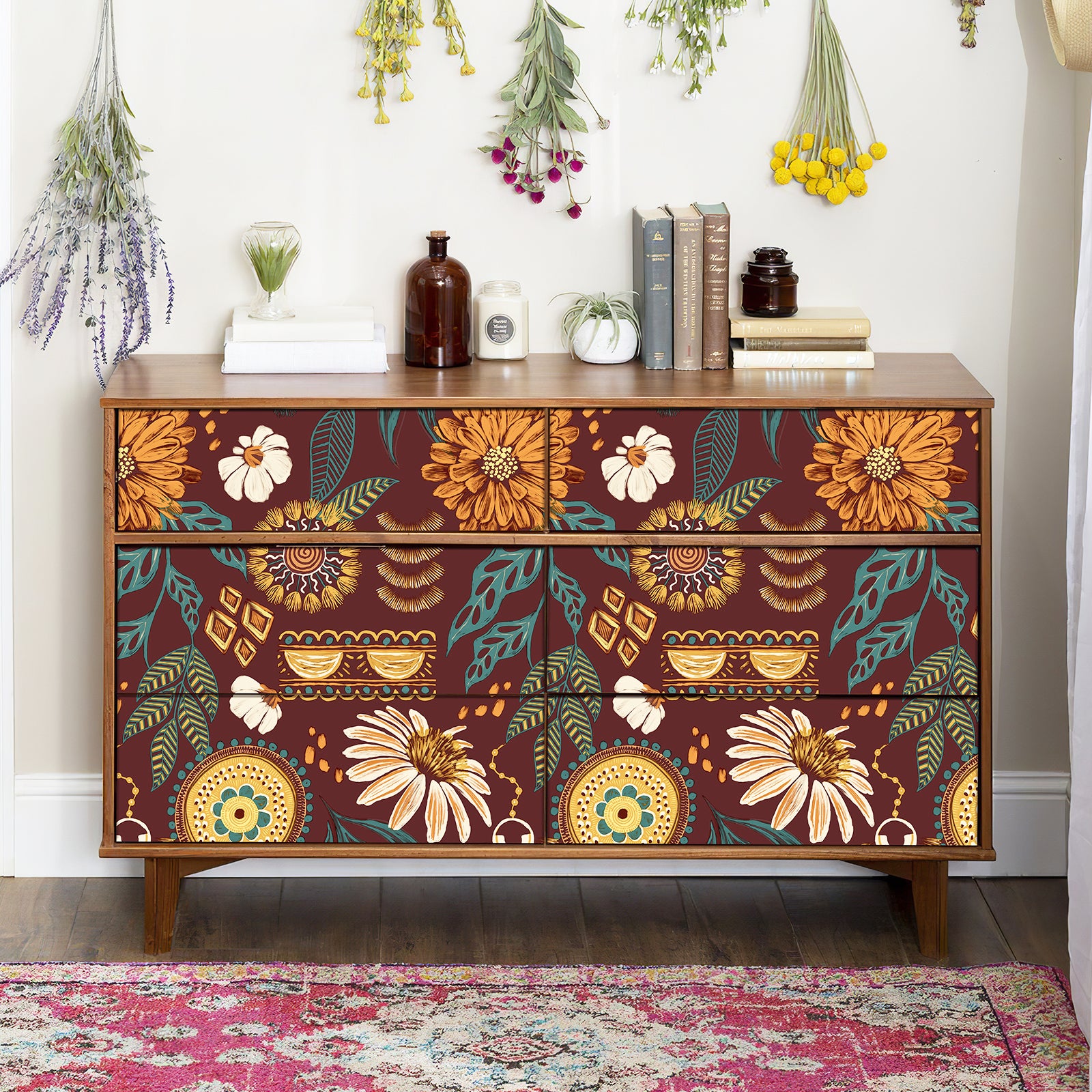 Bohemian-Style Sunflower and Floral Pattern Wallpaper