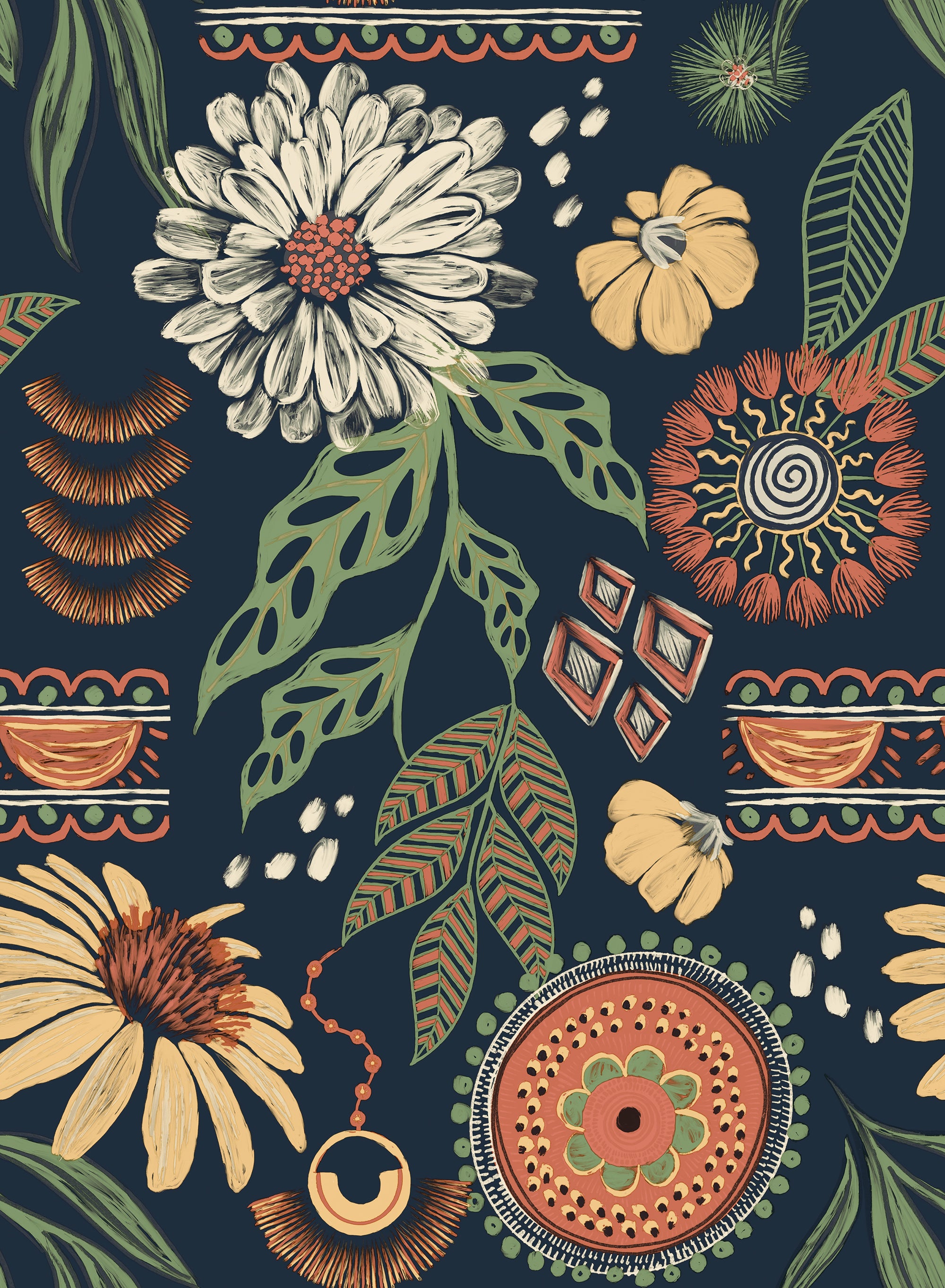 Bohemian-Style Sunflower and Floral Pattern Wallpaper