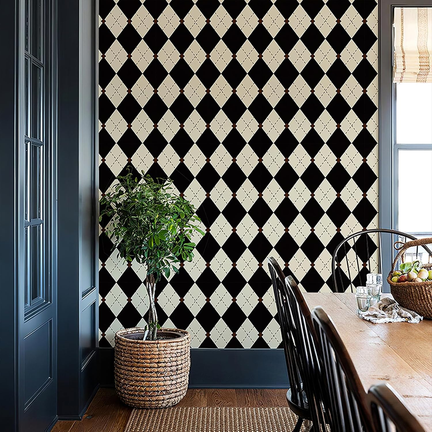 Retro Plaid Self-Adhesive Wallpaper — Black, White, and Beige Vintage Plaid Pattern | British-Style Geometric Wallpaper