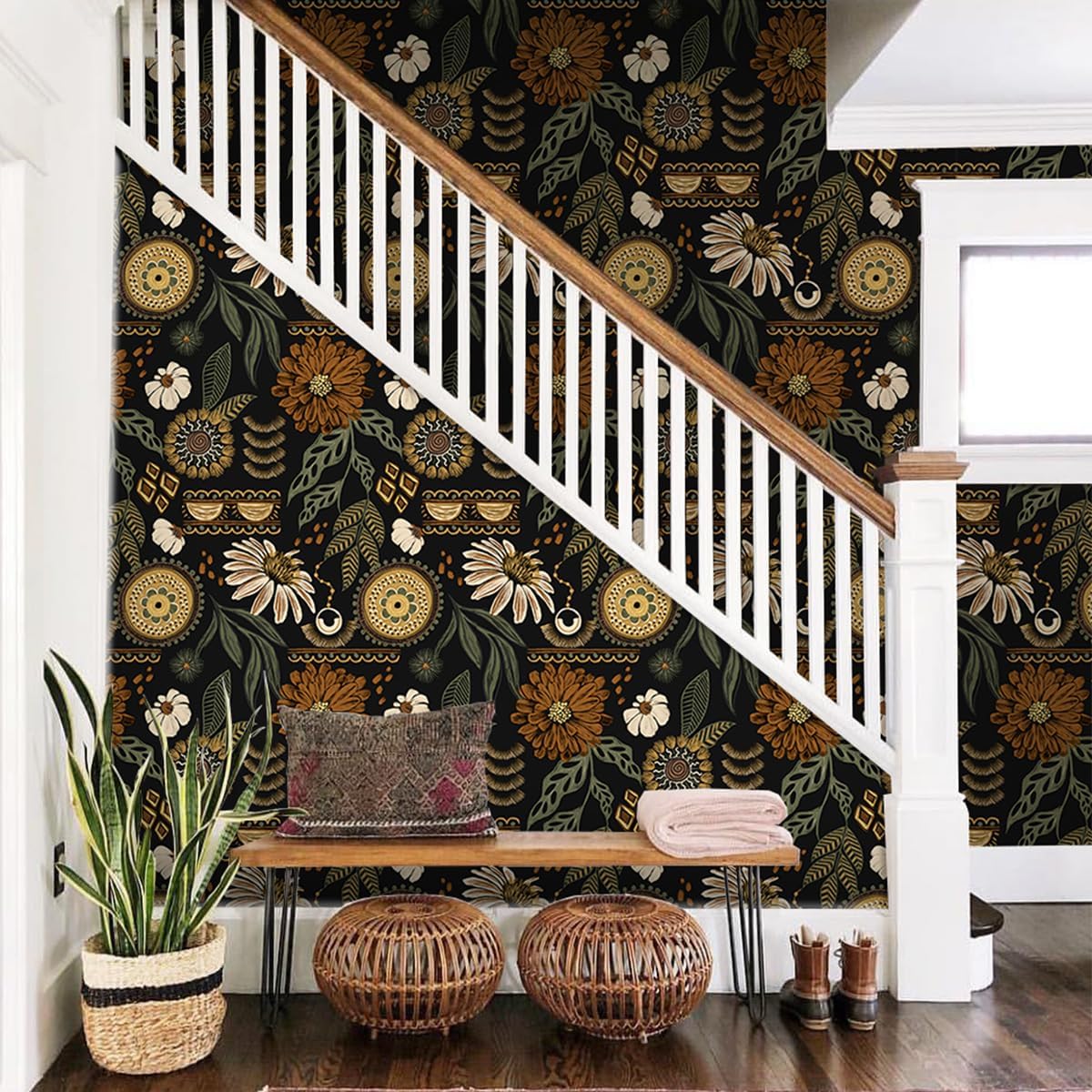 Bohemian-Style Sunflower and Floral Pattern Wallpaper