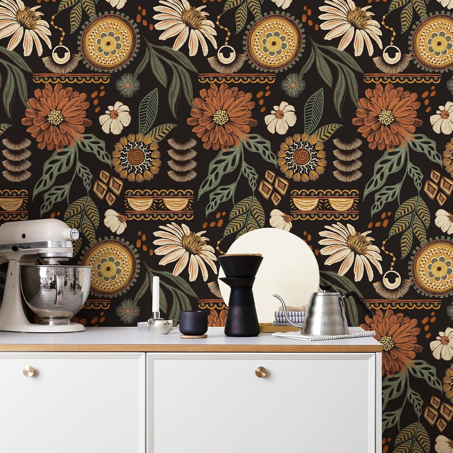 Bohemian-Style Sunflower and Floral Pattern Wallpaper