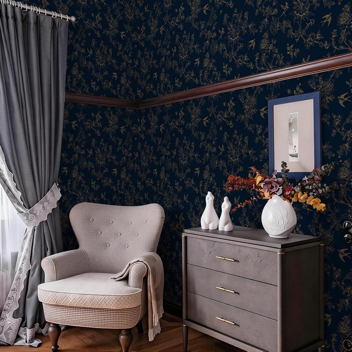 Retro Floral and Bird Pattern Self-Adhesive Wallpaper