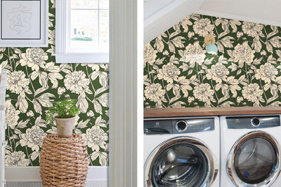 Green Floral Linear Wallpaper