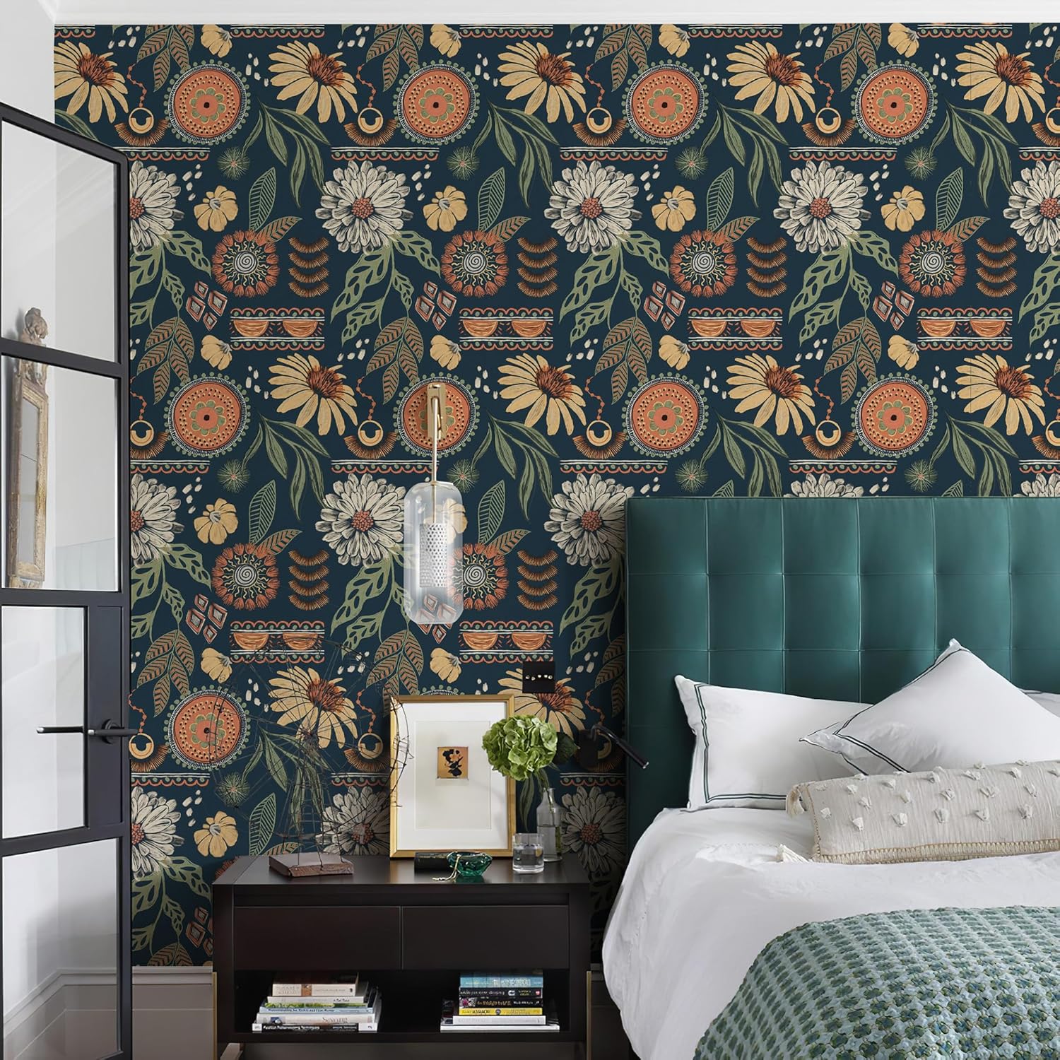 Bohemian-Style Sunflower and Floral Pattern Wallpaper