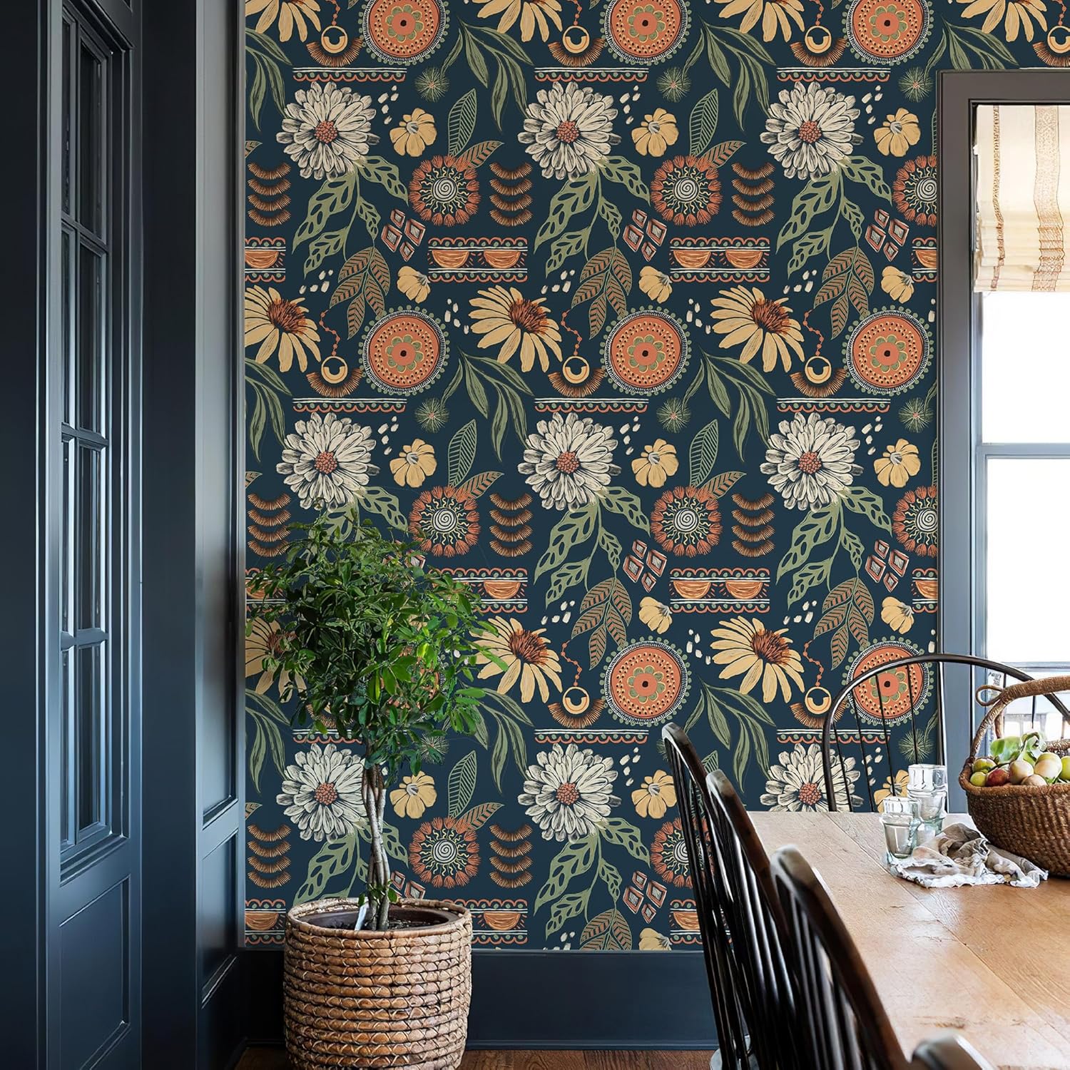 Bohemian-Style Sunflower and Floral Pattern Wallpaper