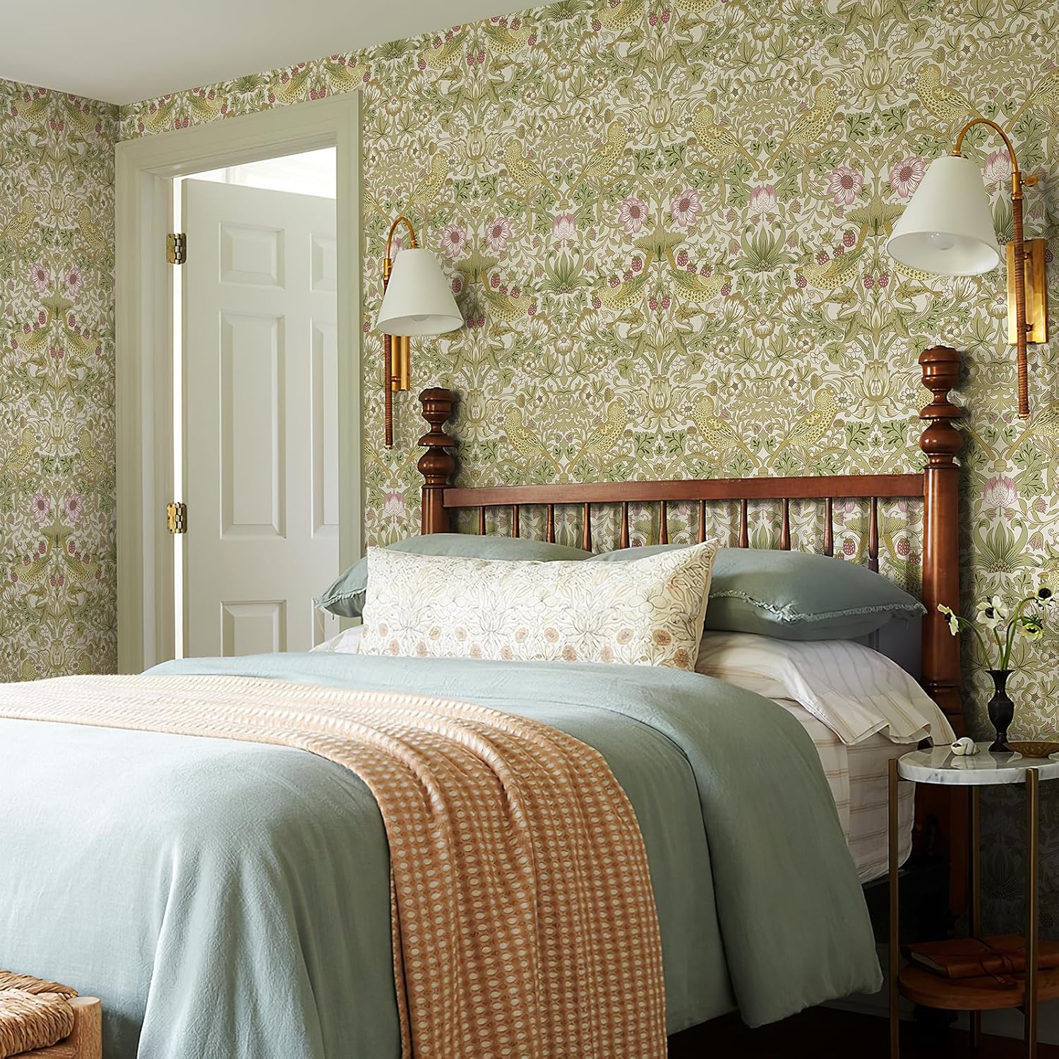 Vintage Floral, Bird, and Strawberry Pattern Wallpaper