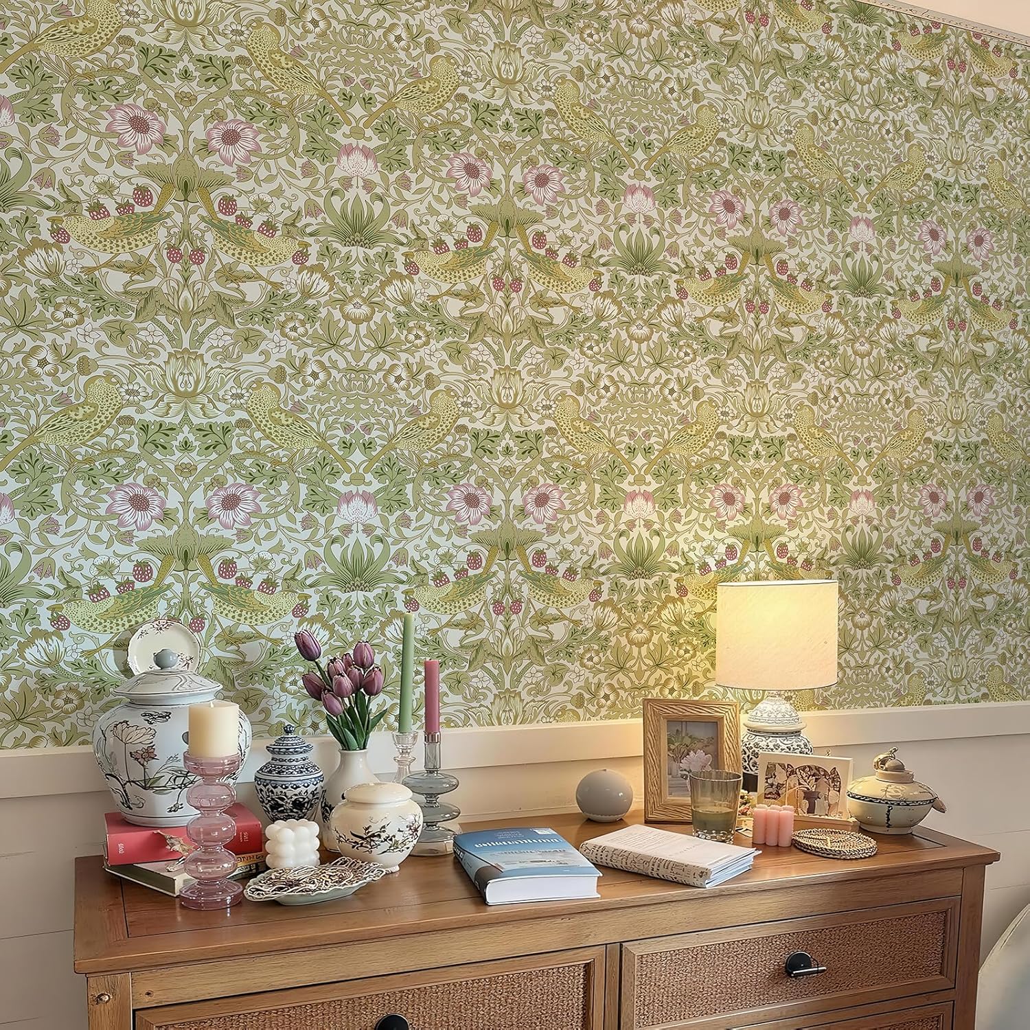 Vintage Floral, Bird, and Strawberry Pattern Wallpaper