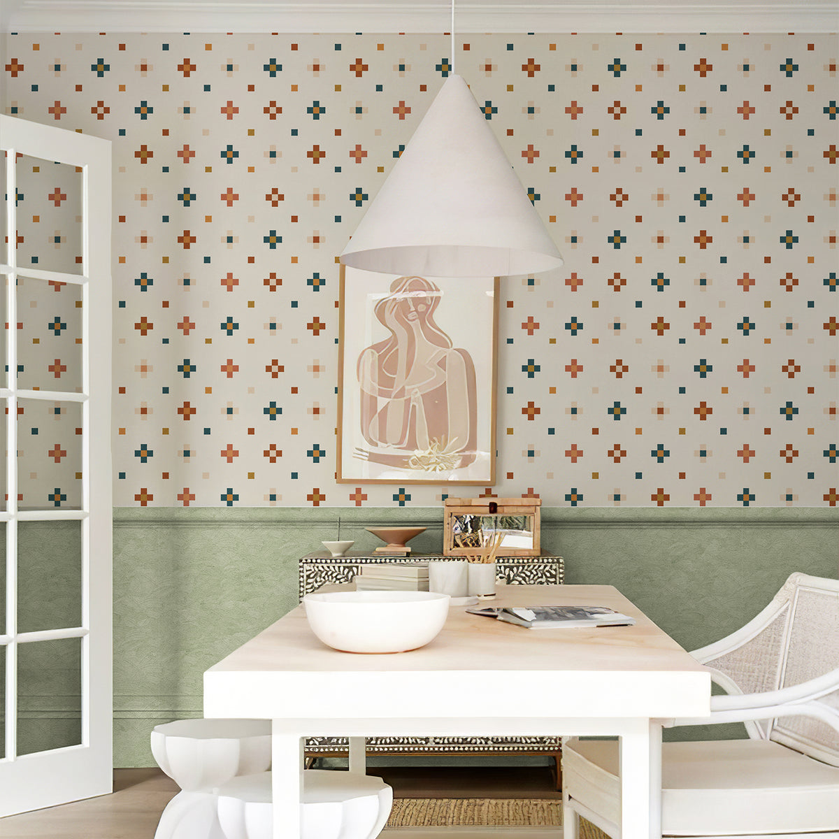 Boho cross tile mosaic cottage self‑adhesive wallpaper dining room interior
