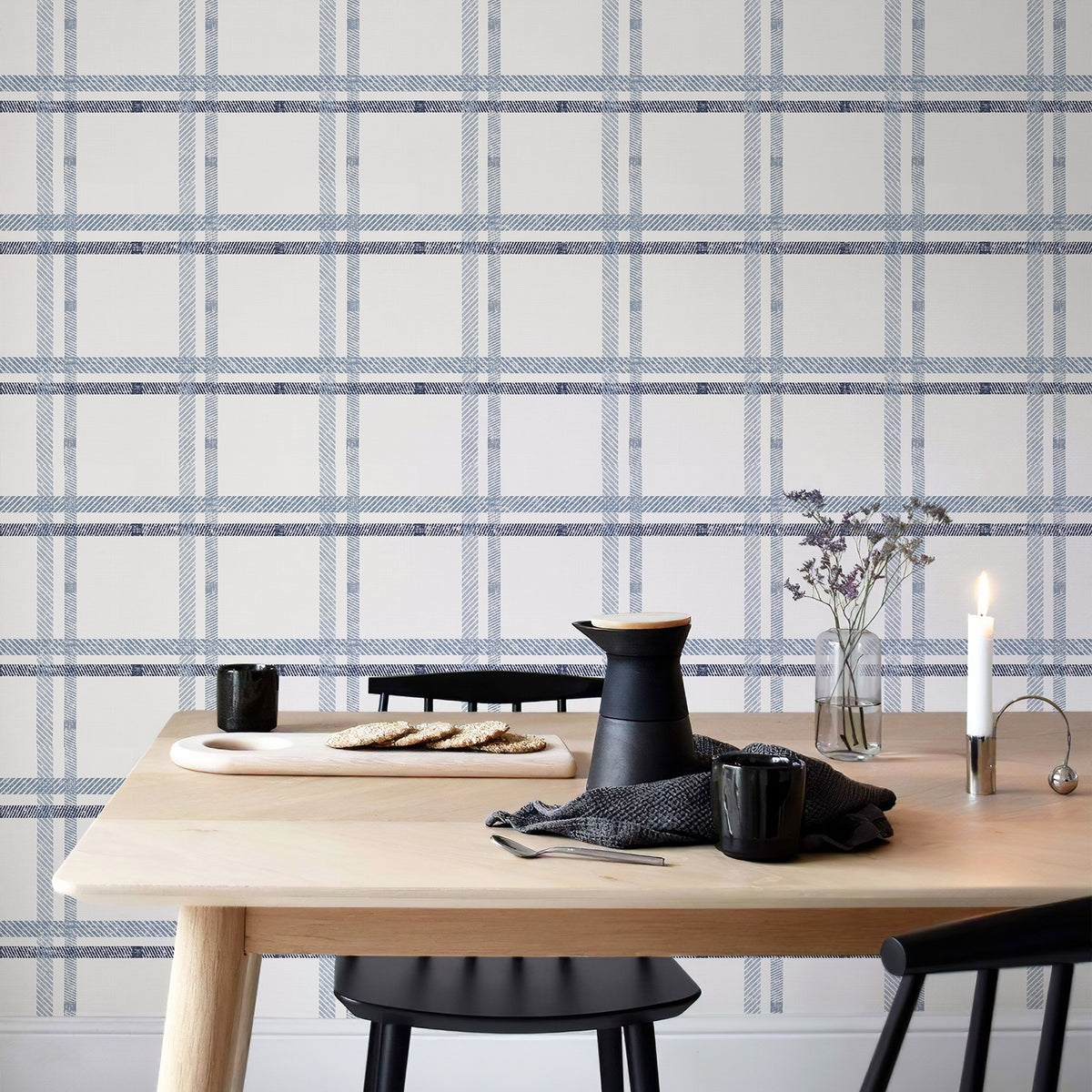 British layered plaid misty blue removable peel stick wallpaper cozy bedroom interior decor